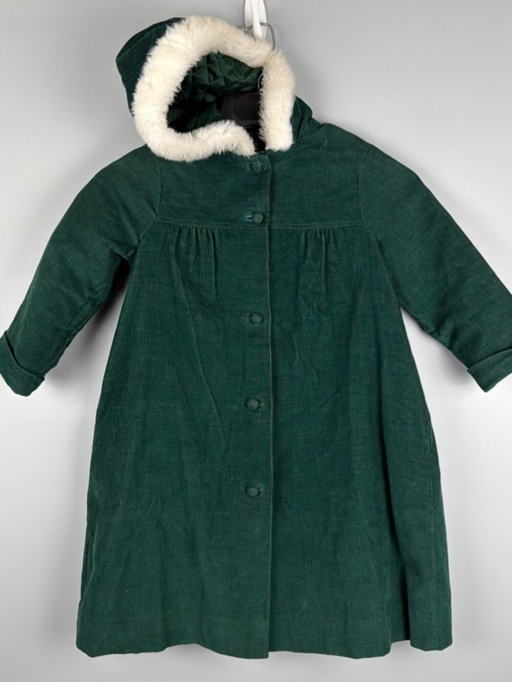 Jayne Copeland Corduroy Coat Girls 5 Green Vintage Fur Trim Vintage Holiday 50s